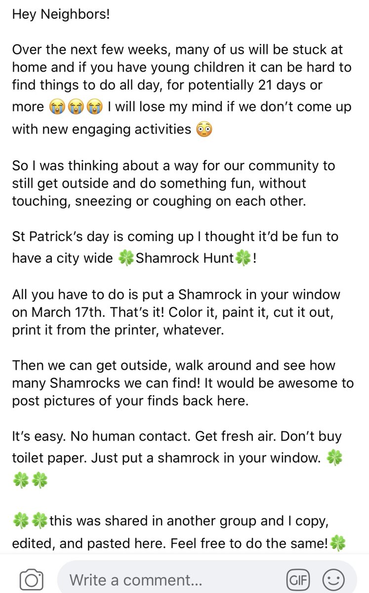 playdates_pres's tweet photo. How can a #viral post make the day of 1000s of children? What are you doing in your neighborhood to entertain the kids? Saving #StPatricksDay with a #shamrockhunt while #socialdistancing #Covid-19 #Coronavirus #familytime https://t.co/FZEtyffi0t https://t.co/0ZdupOmMdV