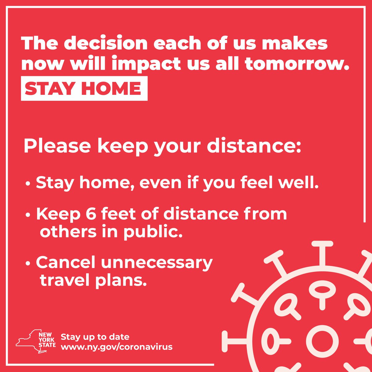 The decisions we EACH make now will impact us ALL tomorrow.

Stay Home. Stop the Spread. Save Lives.

Pass it on.