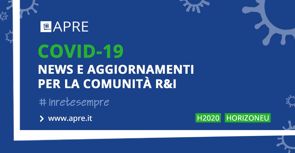 🆕 ON LINE TUTTE LE INFO #COVID19 #H2020
News e aggiornamenti (ufficiali) per la comunità R&amp;I 
🔴 Come si sta muovendo la Commissione europea in tema di #bandi #Horizon2020 e progetti in corso?
👉 Qui info utili apre.it/covid19

Siamo al vostro fianco, #inretesempre 🇮🇹🇪🇺