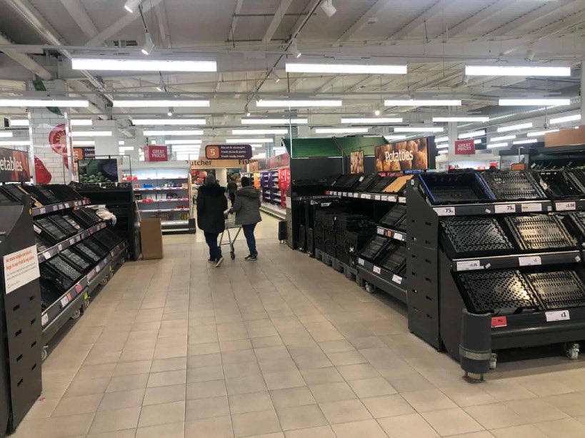 rlmconsultancy's tweet photo. Local @sainsburys store today. Every aisle stripped bare. Meanwhile, @Ocado reports unprecedented waiting times in their virtual queues - up to four hours. People are mental. https://t.co/J88YjSEZVt