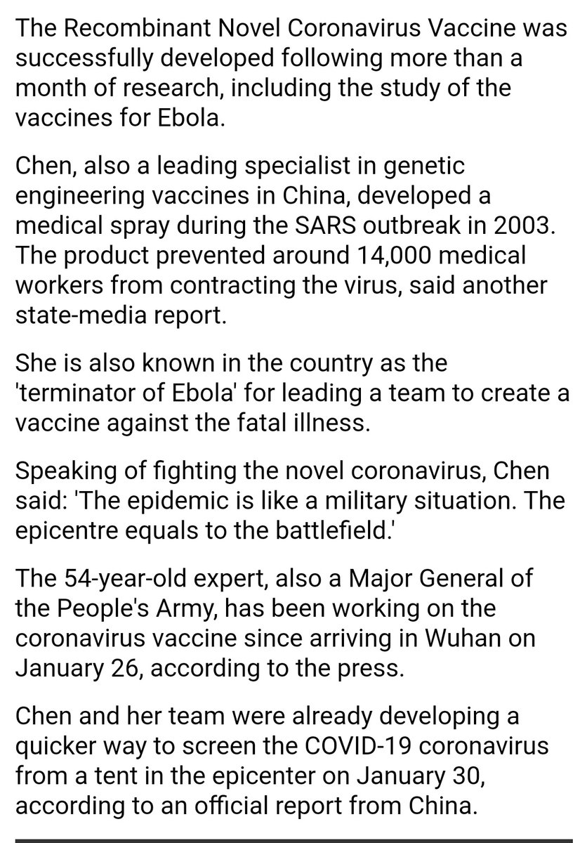 Mari sejenak bertepuk tangan kepada Ibu Chen Wei yang telah menemukan vaksin untuk Covid-19 hasil kerja kerasnya di tenda laboratorium di Wuhan dan akan segera diuji coba.

Superwoman ini ternyata dulu juga yang memimpin tim bikin vaksin untuk Ebola dan spray untuk SARS

👏👏👏👏