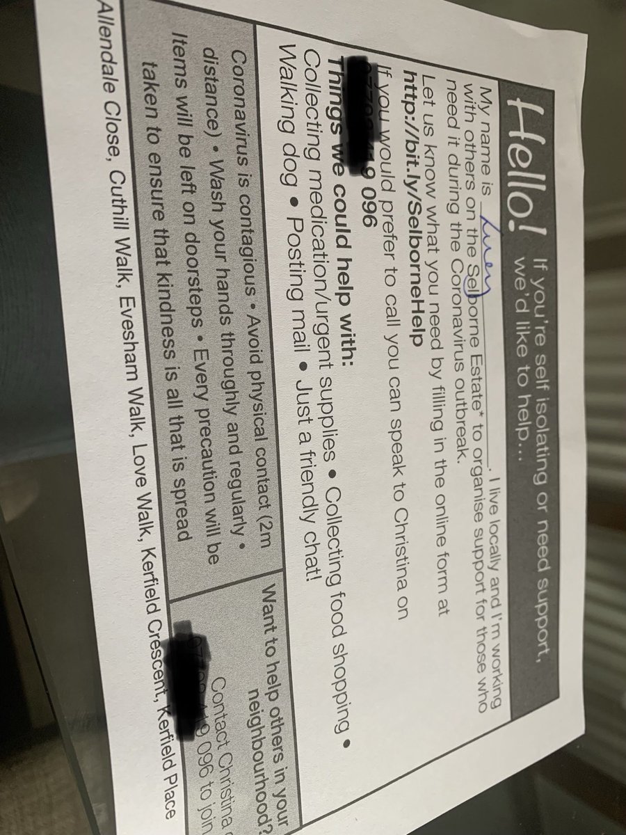 TVNickSmith's tweet photo. After days of watching videos of people fighting over toilet roll, it restores my faith in humanity to receive this through my door. I’ve volunteered for everything bar dog walking! https://t.co/VRARDNabHW