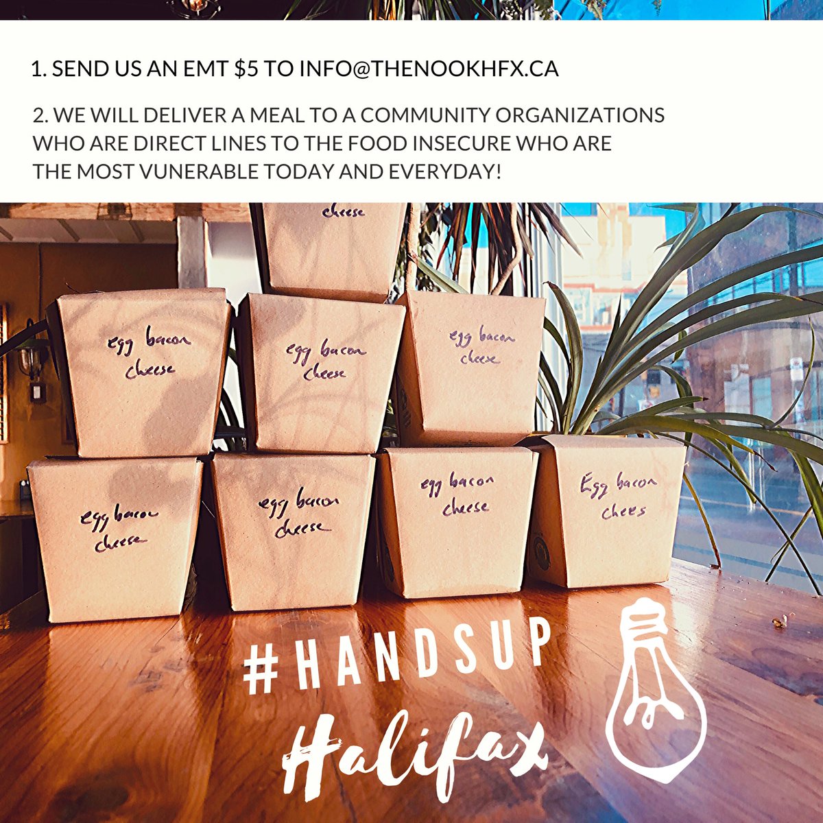 ❤️We are starting the #HandsUp Campaign
1. Send us an email money transfer 💸 (EMT) of $5 to info@thenookhfx.ca subject line “HandUp”
2. We will deliver a Nook meal to one of our local community partners who service those who are food insecure  #HandsUp Halifax 🙌🏻 -Nicole + Brian