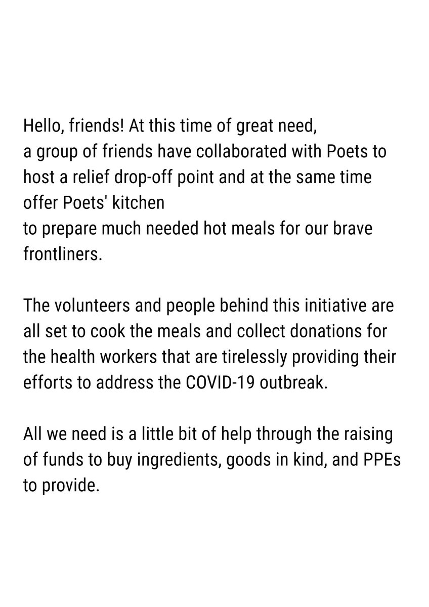 PoetsUnderKitch's tweet photo. Please take time to read.

All your donations will go directly to our brave frontliners. We are all in this together!✨ https://t.co/WN8P96Mki5