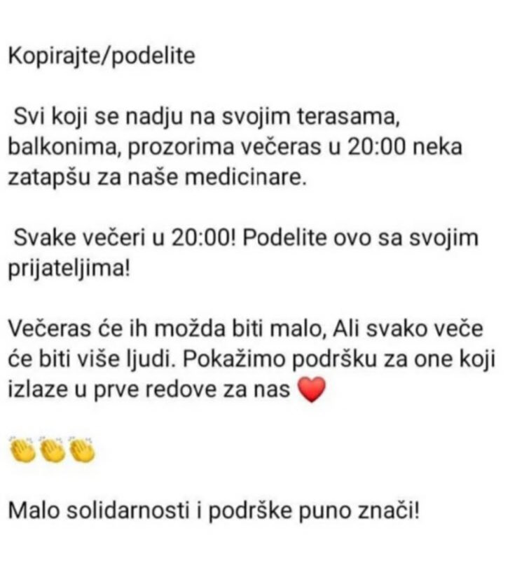 GiovanniOdela's tweet photo. #srbija #korona #medicinari #coronavirus #StayAtHome #beograd #niš #kragujevac #srbija_u_doba_korone #apel #solidarnost #podrska #bolnice #medicinakiradnici Malo solidarnosti i podrške puno znači❤️🍀 https://t.co/EdVnPLwzCp
