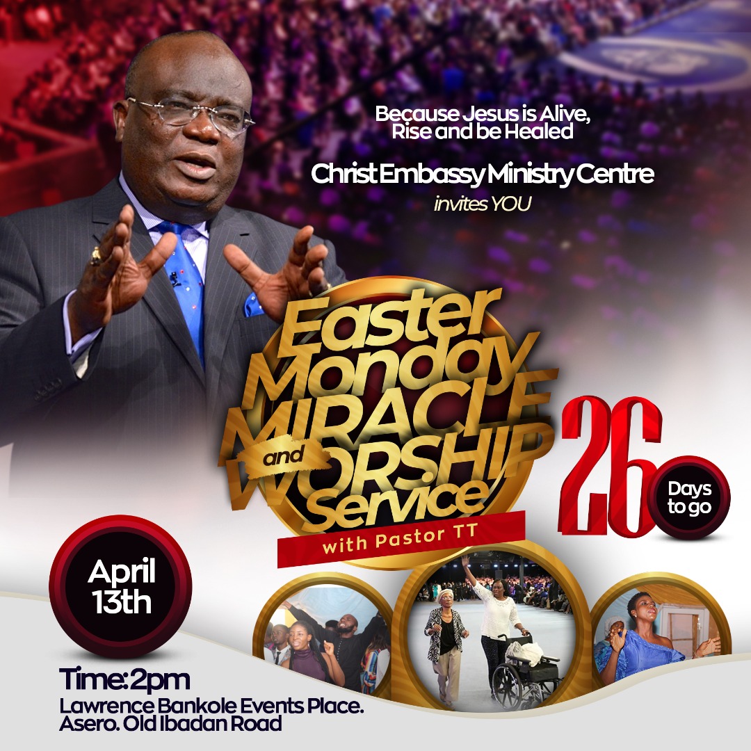 amcgpstv's tweet photo. WE'RE 26 DAYS AWAY FROM THE BIGGEST EVENT HAPPENING IN  THE CITY OF ABEOKUTA 🤸💃🔥🙌🚀

EASTER MONDAY MIRACLE AND WORSHIP SERVICE WITH THE HIGHLY ESTEEMED PASTOR TT EDUN 🙌🙌

ABEOKUTA IS IN FOR A CHANGE!!!

#EMMWSWPTT
#AbeokutaMC
#yearofPerfection https://t.co/fMQYlGAuUW