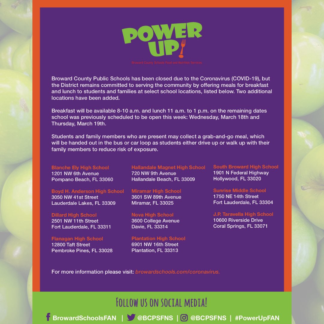 Breakfast and lunch are served!🍴Due to the #coronavirus, meals will be served for breakfast and lunch to students and families at select school locations. Breakfast will be available 8-10 a.m. &amp; lunch 11 a.m. to 1 p.m. today, March 18 and tomorrow, March 19. #PowerUpFan