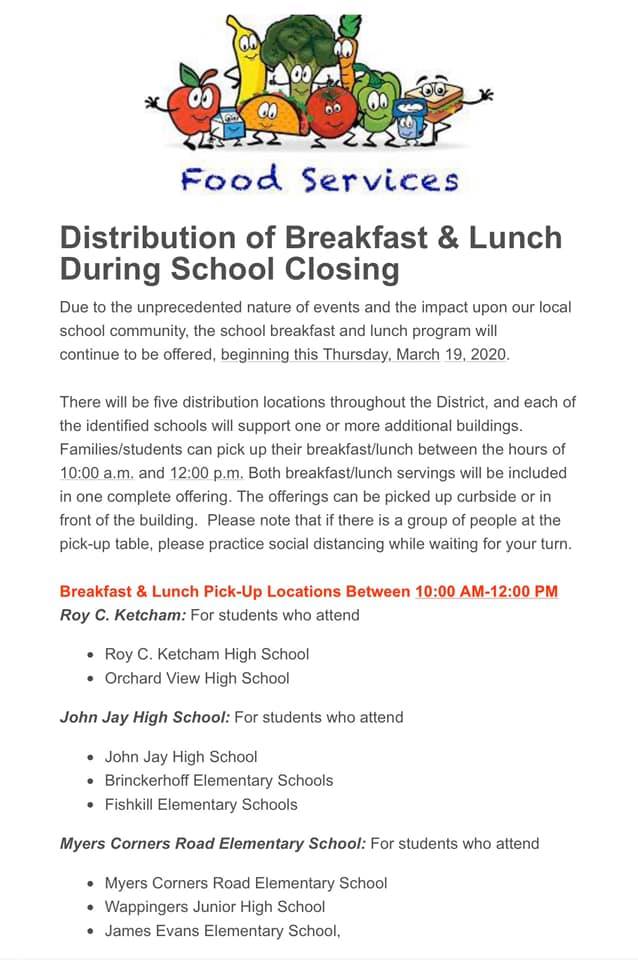 FishkillTownNY's tweet photo. The Wappingers Central School District will continue its school breakfast and lunch program for children while schools remain closed.

There will be five pickup locations for families, based on where your student goes to school. https://t.co/Ta927ATgUq