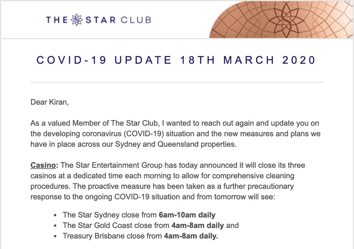 Could <a href="/ScottMorrisonMP/">Not ScoMo</a> or the <a href="/LiberalAus/">Liberal Party</a> party explain why <a href="/TheStarSydney/">The Star Sydney</a> is magically exempt from the ban on any indoor gatherings of over 100 people?

Cleaning for 4 hours is not going to stop thousands of people being in the venue the other 20 hours of the day. #COVID19au