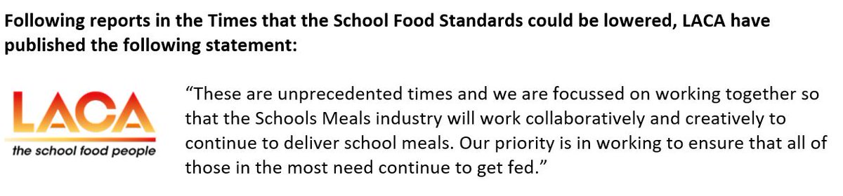 LACA_UK's tweet photo. Following reports in the @thetimes that the School Food Standards could be lowered, @LACA_UK - The School Food People have published the following statement: https://t.co/O9M0NOd7BK