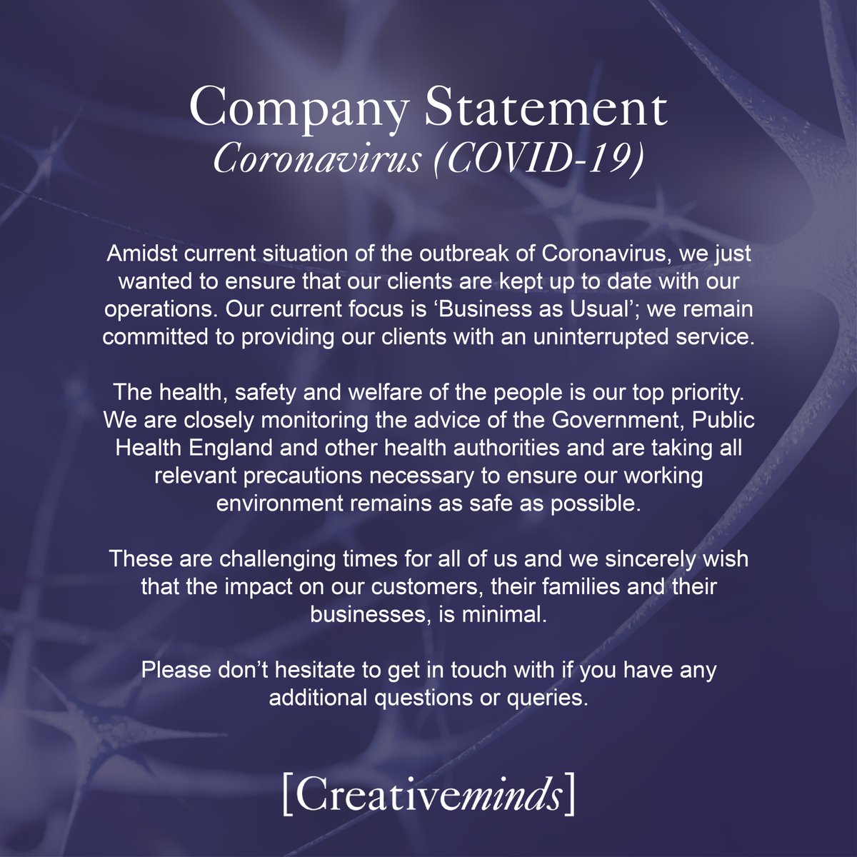 Amidst the current outbreak of Coronavirus, we wanted to ensure that our clients are kept up to date with our operations. Please see our company statement. 

#coronavirus #COVID19