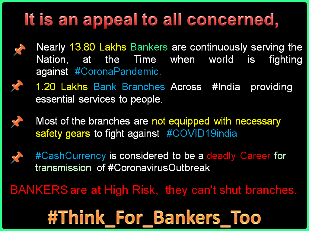 UdayPandeyALB's tweet image. It is a good Initiative
You are our selected representative, therefore you should care for all. #Bankers, #BankBranches and #CashCurrency are far from protection against #CoronavirusOutbreak
#Think_For_Bankers_Too
Nominate some of the MDs&CEO of Banks for #SafeHandsChallenge
