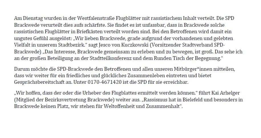 SPDBrackwede's tweet photo. Gestern wurden in der Brackweder Westfalenstr. Flugblätter mit rassistischem Inhalt verteilt. Wir verurteilen dies aufs schärfste!
Unsere PM dazu ist hier zu finden: https://t.co/OWoNNFHzNq