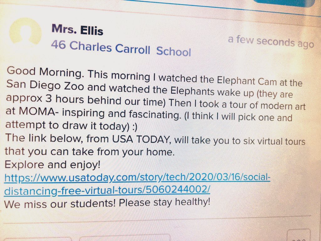 Bonnie Ellis (@_bellis1) on Twitter photo Virtual tours in your PJs are fun! This morning I virtually went to the San Diego Zoo and MOMA!! Check out the link below for more explorations! And now, out for a hike in the woods. -stay healthy ❤️ <a href="/RCSDsch46/">Charles Carroll School No. 46</a> <a href="/RCSDNYS/">Rochester City School District</a> Virtual tours in your PJs are fun! This morning I virtually went to the San Diego Zoo and MOMA!! Check out the link below for more explorations! And now, out for a hike in the woods. -stay healthy ❤️ <a href="/RCSDsch46/">Charles Carroll School No. 46</a> <a href="/RCSDNYS/">Rochester City School District</a>