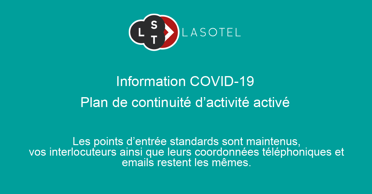 lasotel's tweet photo. Dans cette lutte collective contre le #COVID-19, @lasotel a pris les mesures nécessaires pour protéger ses équipes et soutenir ses clients du monde de la santé et de l'entreprise. Nos équipes sont mobilisées en #télétravail pour assurer la continuité opérationnelle des services. https://t.co/HXFdD5kCL2
