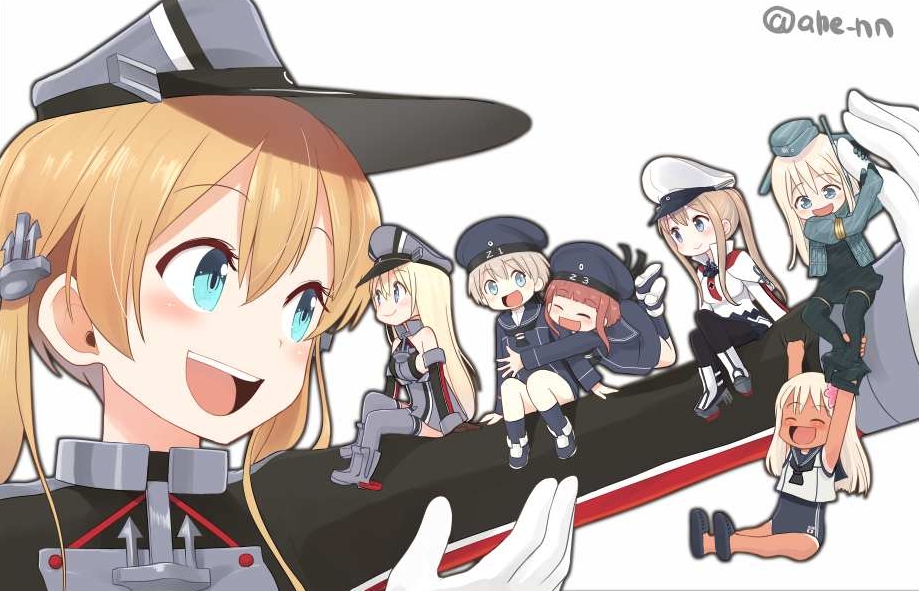 bismarck (kancolle) ,graf zeppelin (kancolle) ,prinz eugen (kancolle) ,ro-500 (kancolle) ,u-511 (kancolle) ,z1 leberecht maass (kancolle) ,z3 max schultz (kancolle) hat multiple girls peaked cap twintails 6+girls blonde hair long hair  illustration images