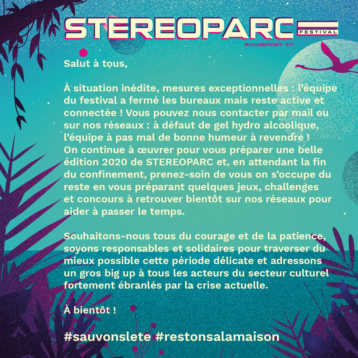 RochefortOcean's tweet photo. 🎧🔜 le #festival #stereoparc continue à oeuvrer pour préparer l'édition 2020 - les 17 et 18 juillet en nous rappelant d'être #solidaire #sauvonslete #restonsalamaison #musique #electro ➡️https://t.co/uWfXB9OWwl @departement17 @DemoiselleFM @sudouest @TerreMarineFM https://t.co/GUy8xjDjIu