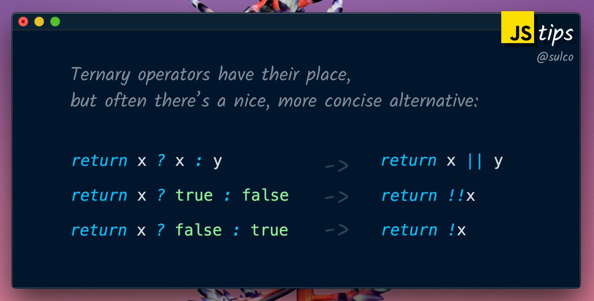 sulco's tweet image. #JavaScript tip for today:

Sometimes you just don&apos;t need a ternary operator.