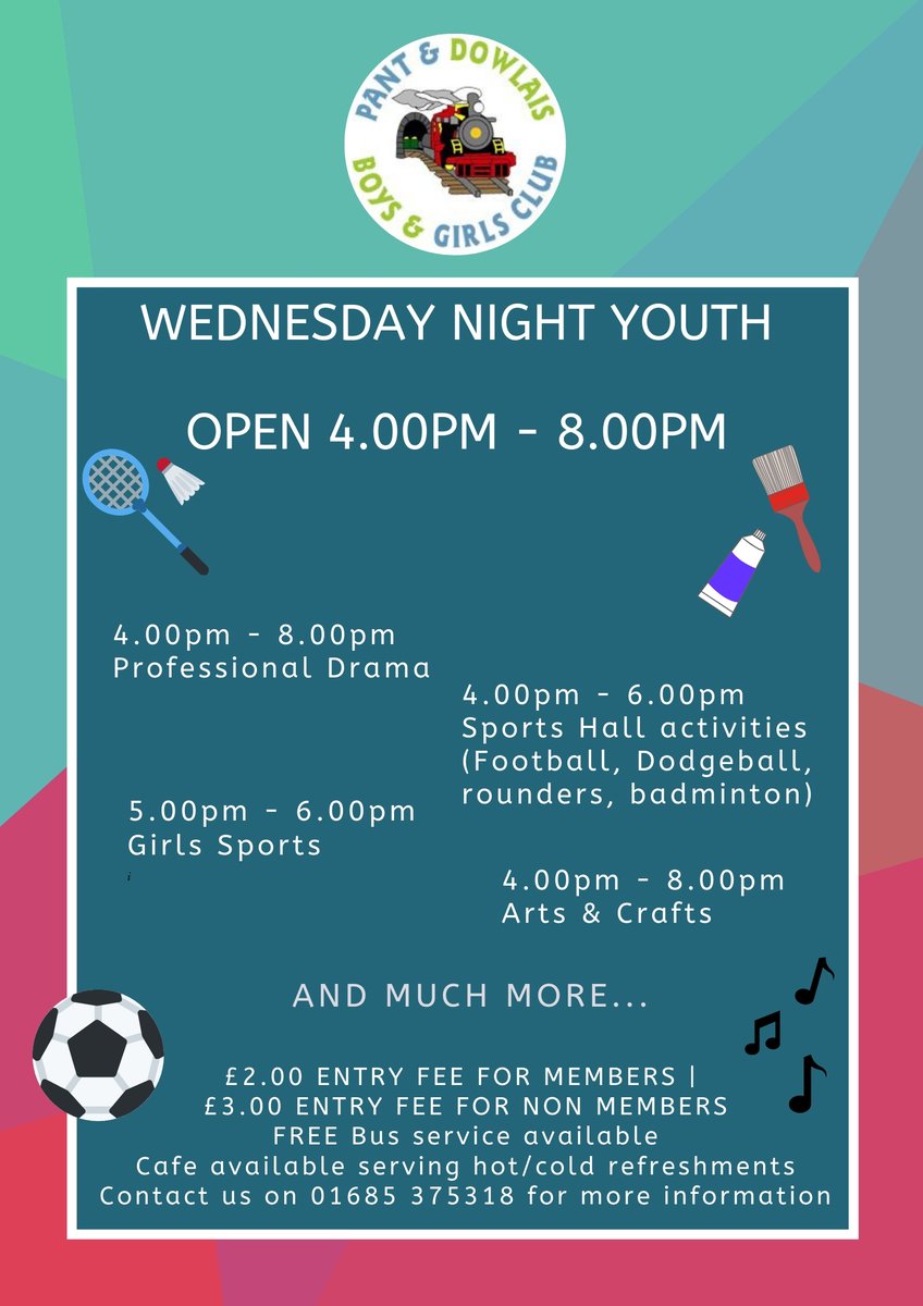 ** Wednesday Night Activities **
Open 4.00pm - 8.00pm
£2.00 Entry fee for members
£3.00 Entry fee for non members
Cafe available serving hot/cold refreshments
FREE Bus service available
Contact us on 01685 375318 for more information