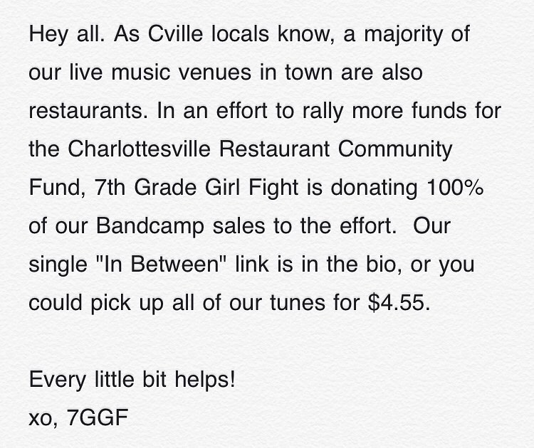 CC: DailyProgress cvillenewscom cville_weekly CvilleShowcase MagnusMusic cvillepride 

7thgradegirlfight.bandcamp.com/track/in-betwe…
gofundme.com/f/charlottesvi…  uberbutch