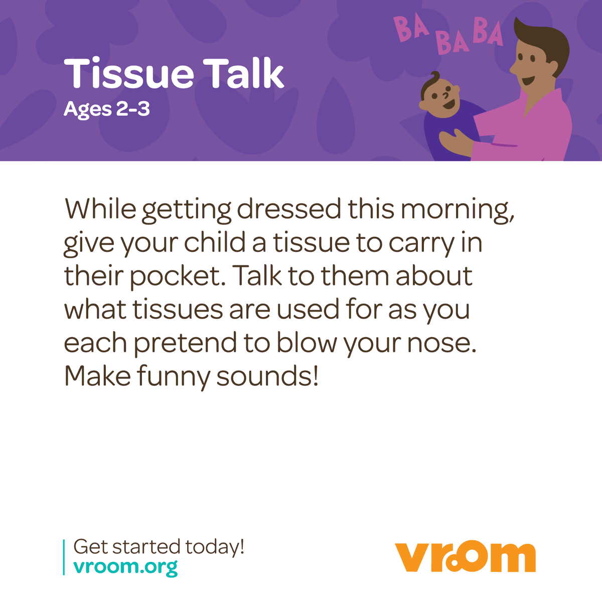 joinvroom's tweet photo. Did you know that a tissue in your child's pocket can promote thinking skills? Try this #VroomTip with your child to help them learn how things can be used to help them achieve a goal. For more Tips visit: https://t.co/ncBGO72s8r #earlylearning #ece https://t.co/Wm3qWh6Ee1