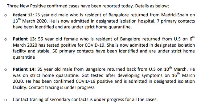 Contrary to  #Karnataka Health Minister Sriramulu's confirmation of Patient 12 and 13 tested positive on March 18, health department bulletin mentions them as 25-year old male and 56-year-old female. 14th  #COVID19 positive case is of a 35-yr-old male - all 3 today in  #Bengaluru.
