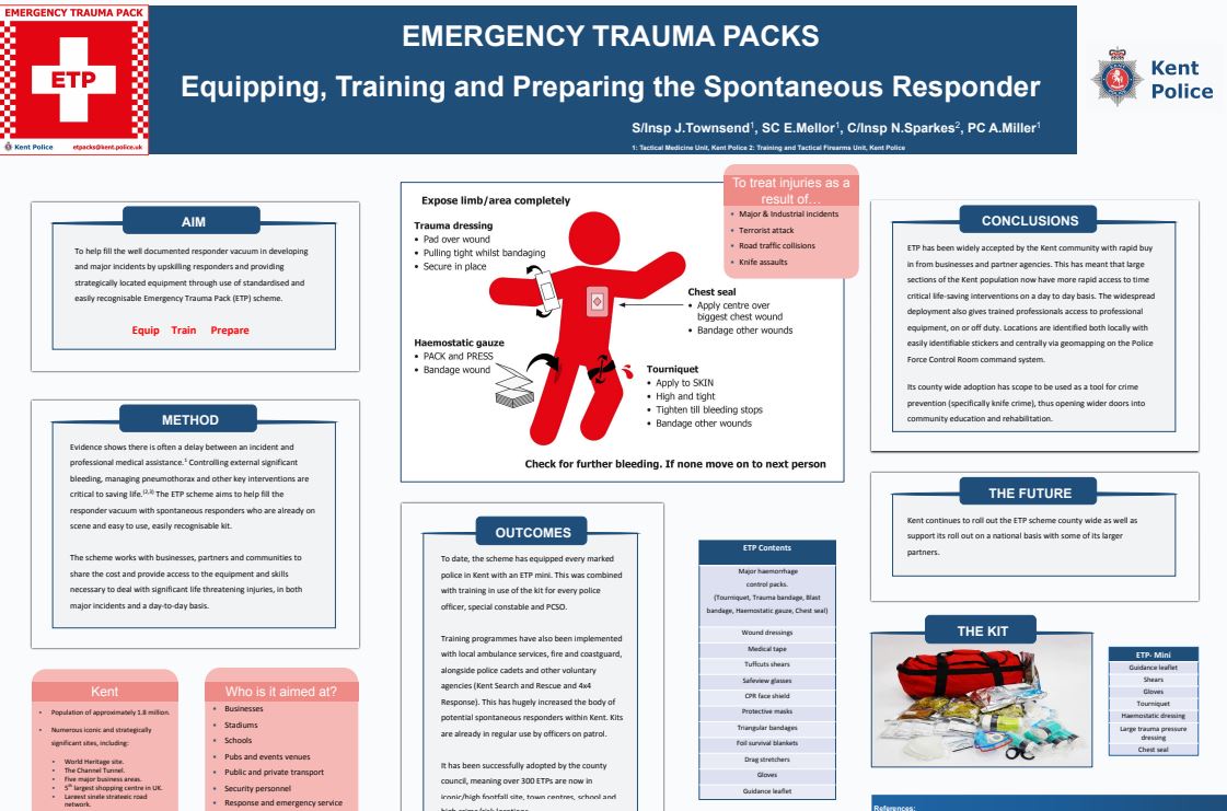 FPHCEd's tweet image. "EMERGENCY TRAUMA PACKS: Equipping, Training and Preparing the Spontaneous Responder." Poster presented by Jonathan Townsend. The ETP scheme aims to help fill the responder vacuum with spontaneous responders who are already on scene and easy to use, easily recognisable kit.