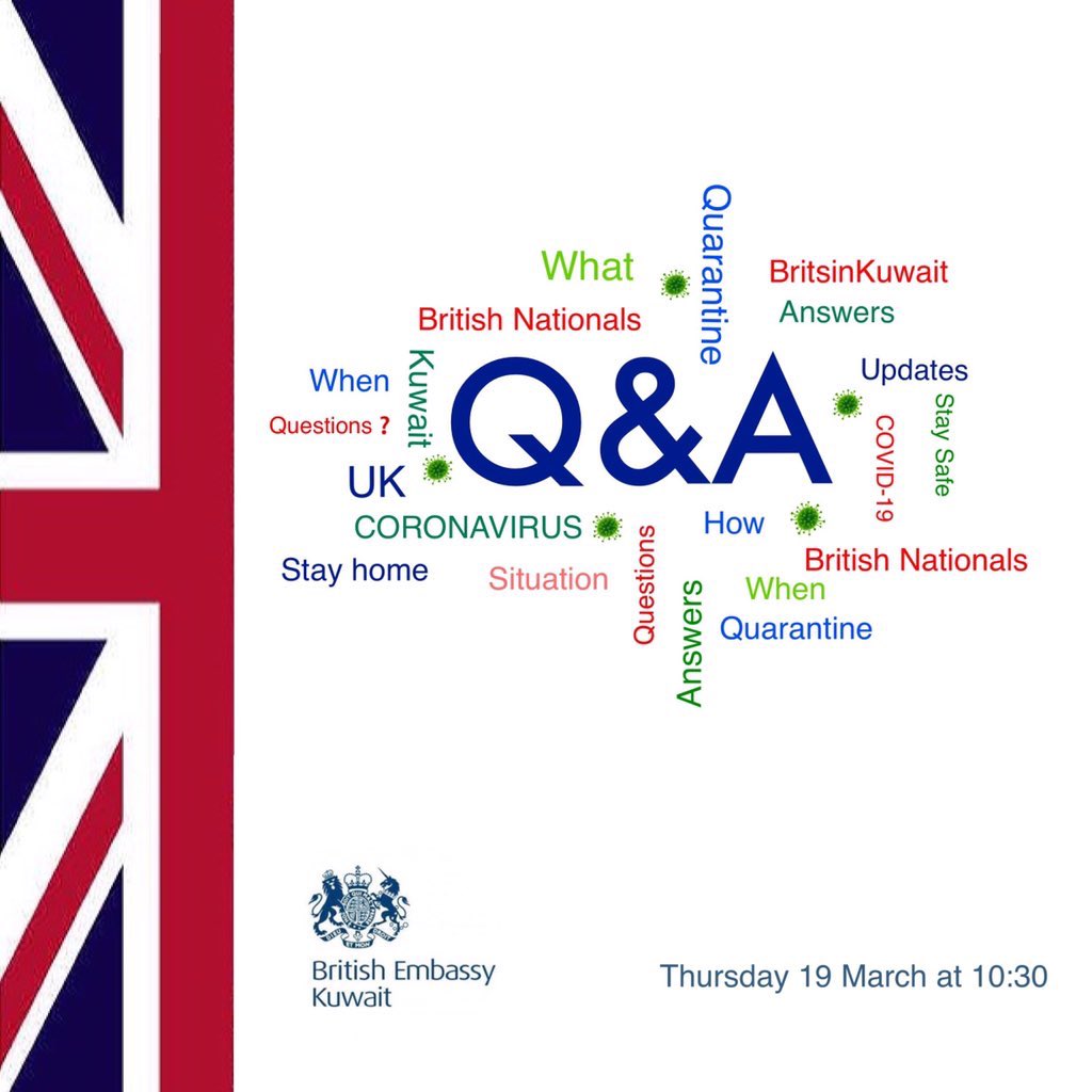Mohdalmulla67's tweet photo. British Nationals in #Kuwait are invited to join us tomorrow at 10:30 for 1 hour Q&A session with the British Ambassador @DavenportKuwait on @UKinKuwait Twitter account to ask questions on the latest #coronavirus situation in Kuwait.
#BritsinKuwait
#COVID_19 https://t.co/qIU0qiIMB3