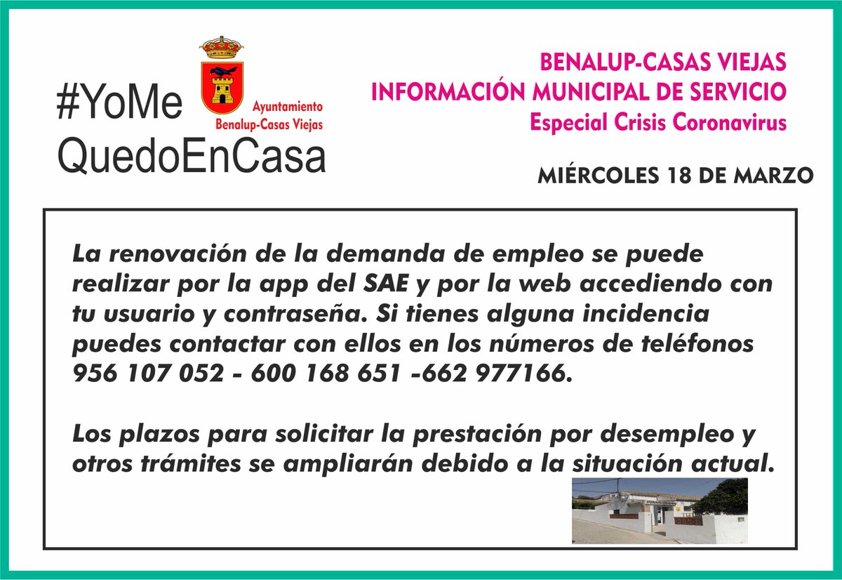 AytoBenalupCV's tweet photo. Información Municipal Especial Crisis Coronavirus Miércoles 18 de Marzo #Benalup #COVIDー19 #YoMeQuedoEnCasa   https://t.co/6tjKftTXoc https://t.co/CJ1J7nbWp5