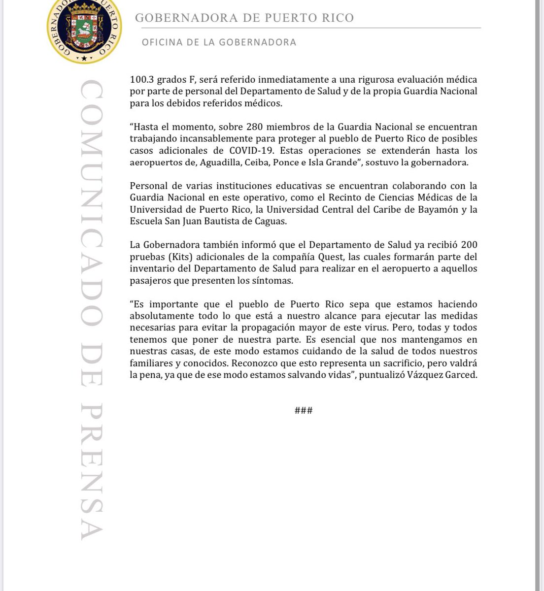 Puerto Rico's Governor in asking the feds to close the San Juan airport: "Until a few days ago, we had no cases of COVID-19 coronavirus, and now, due to the arrival of tourists, both by boat and by plane, we have five positive cases. We do not want more cases in Puerto Rico..."