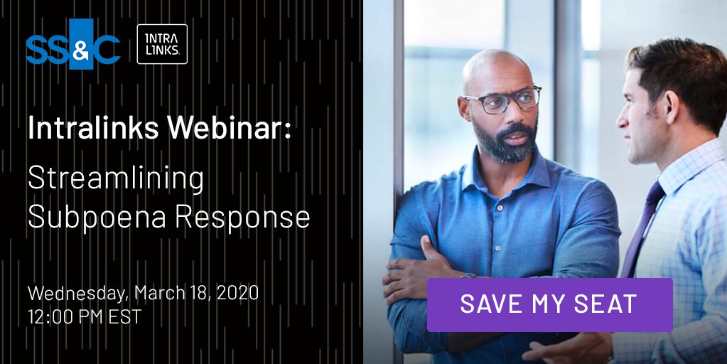 Intralinks's tweet image. Last chance to register! Join our #webinar to learn how to streamline the process with a #securedocumentmanagement subpoena response solution while dramatically saving on courier and tracking costs. okt.to/dBGHgQ #subpoenas