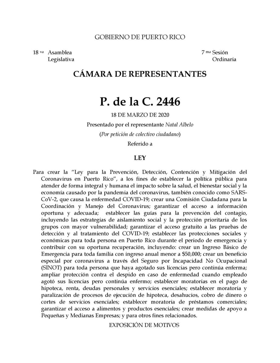 Resumen:

- Pruebas sin intermediarios y con referido médico
- Crea Ingreso Básico de Emergencia para toda familia con ingresos menores a $50k
- Protecciones laborales
- Moratoria a pago de hipoteca, renta, préstamos personales y comerciales, servicios esenciales
- Ayuda a PyMEs