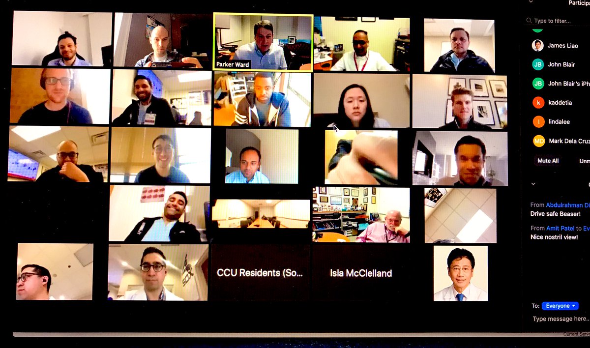 Successful 1st ever #CCUconference on @zoom_us! 41 total participants, including 16 attendings, 18 fellows, 6 CCU <a href="/MedChiefs/">MedChiefs</a> residents, and our CCU pharmacist @SajniPatel2. <a href="/PWard35/">Parker Ward</a> kicked things off by leading his 1st conference since 2001! Looking forward to continued learning