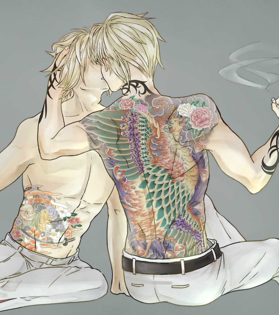 えんぴつ على تويتر 皆さん和彫りは好きですか 私は好きです 肌色 刺青注意 ちょもにゃん ちょぎくに それぞれ鳳凰と猫 獅子と狛犬 N番煎じとかいう次元収まらないですが あれです もとの素材がいいからね 何回煎じてもおいしいね