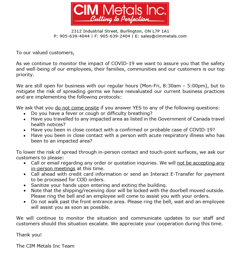 Please read the following notice regarding the measures we are taking for the safety of our employees and customers in relation to COVID-19. #cimmetals #covid19 #coronavirus #healthandsafety #socialdistancing