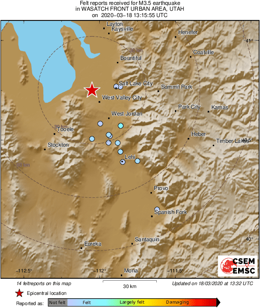 LastQuake's tweet photo. M3.7 #earthquake (#sismo) strikes 13 km W of Salt Lake City (#Utah) 17 min ago. Effects reported by eyewitnesses: https://t.co/BYLu3XtbHw