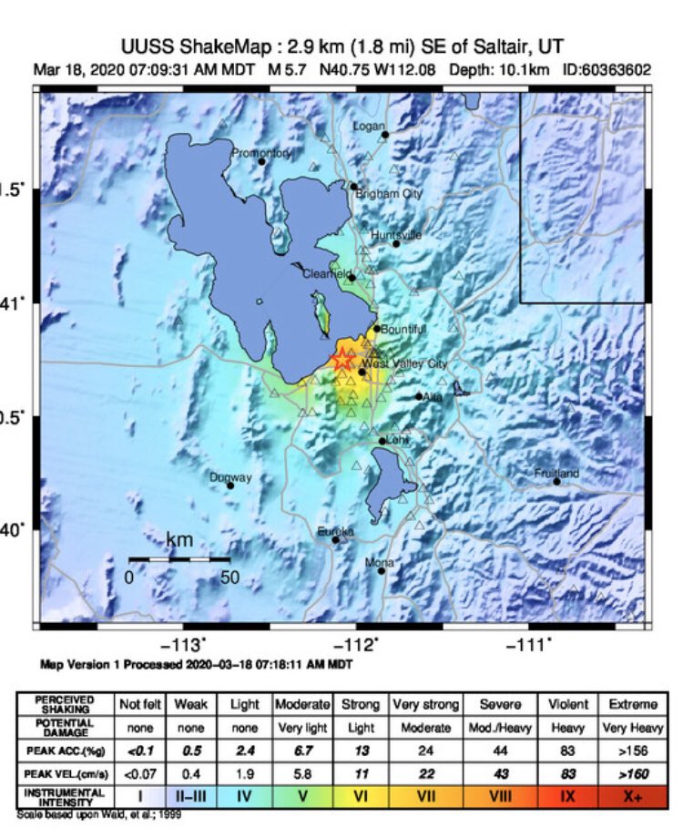 UtahEmergency's tweet image. Here’s the shaking intensity map for this earthquake. As you can see, the stronger shaking is felt around the magna area and less intense shaking radiates outward.
#Utquake