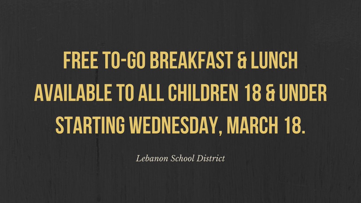 Don’t forget this is the first day of free to-go meals for those 18 &amp; under! You can pick up breakfast &amp; lunch at the same time at Maplecrest or LHS between 9-11am this morning (and the rest of this week).