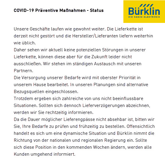 buerklin_com's tweet photo. #buerklin #elektronik #service #distributor #onlineshop #businesspartner #munichgermany #supplychain #corona #stayinformed #deliverypromise https://t.co/lfG6GYI1Mm