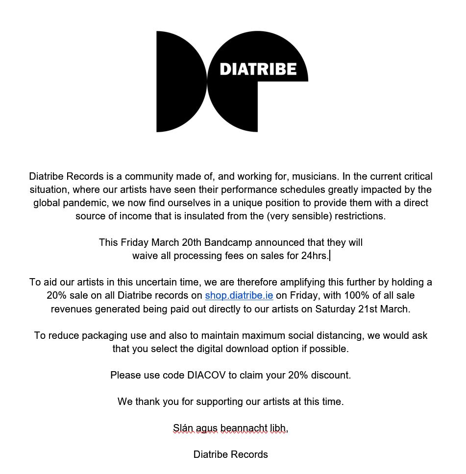 DiatribeRecords's tweet image. In support of our community of performers and composers, this Friday 20th March (amplifying @Bandcamp gesture) there is a 20% discount on @DiatribeRecords catalogue, with 100% of proceeds paid directly to artists within 24hrs.

Full statement below: