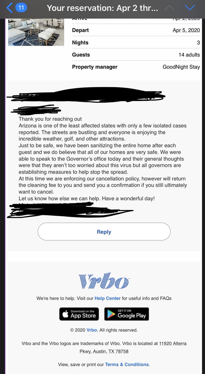 catharinenols's tweet photo. UPDATE: @vrbo has ADMITTED that their property managers lied and falsified email time stamps, claiming they sent the emails weeks ago “before we knew more about the virus”, which encouraged customers to continue traveling, to Arizona specifically, saying “we’re not that worried”. https://t.co/PTgkh0Kztd