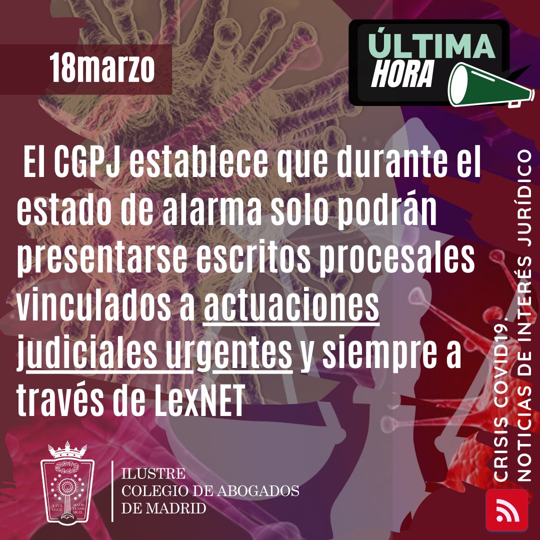 🛑🚨🛑 URGENTE, #ÚLTIMAHORA🛑🚨🛑El <a href="/PoderJudicialEs/">Poder Judicial</a> establece que durante el #EstadoDeAlarma por el #COVID2019 sólo podrán presentarse escritos procesales vinculados a actuaciones judiciales urgentes y siempre a través de LexNET➡️web.icam.es/actualidad/not…