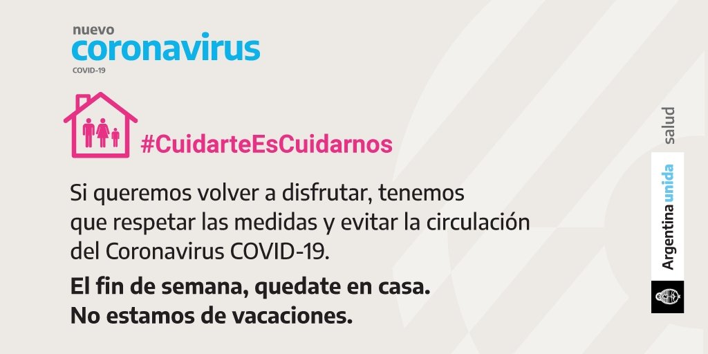 Nuestra tarea, y la de todos y todas, es prevenir la circulación del Coronavirus COVID-19.

Necesitamos, por favor, que eviten viajar durante el fin de semana largo.

Seamos responsables. Cuidémonos.

#CuidarteEsCuidarnos