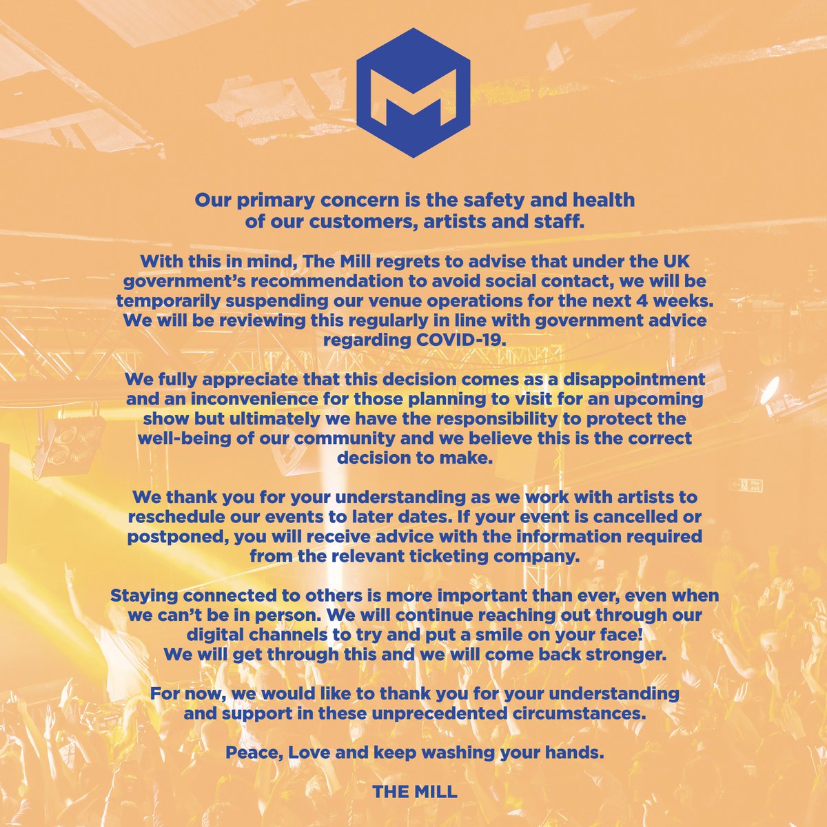 TheMillBham's tweet photo. Our primary concern is the safety and health of our customers, artists and staff.

Please read: https://t.co/ws552UO2rR