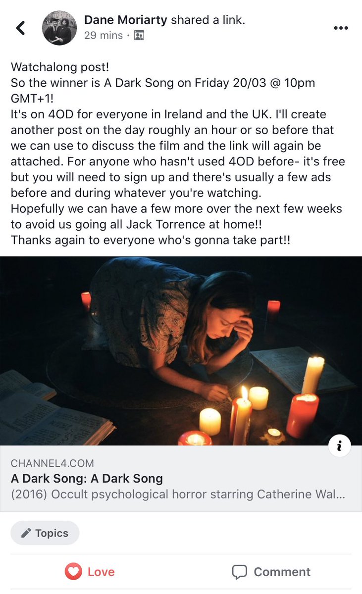 EvolutionPod's tweet photo. 🚨 WATCHALONG 🚨 
The lovely bunch over at the EOH discussion group have arranged a watchalong screening of A DARK SONG. For more details head over to the FB group 
https://t.co/xQxYgQmV5q https://t.co/EqyPLpXDsE