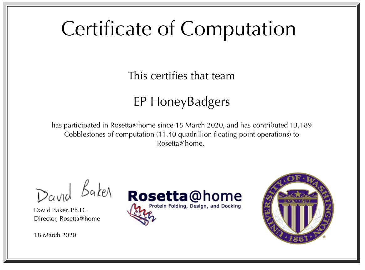 thshadow's tweet photo. Help research solutions by donating your spare computer time to either folding@home or rossetta@home. The @ep_honeybadgers continue to double on a daily basis or more the computing power dedicated towards finding solutions. Help us, help others model proteins for a cure to diseas https://t.co/yIGfrELEX5