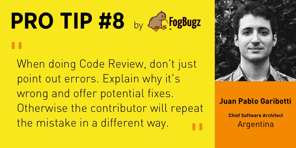 #ProTip Number 8👇👇👇 - A seasoned chief software architect from 🇦🇷 Argentina points out the importance of clear communication during code reviews... Thoughts 🤔? Try FogBugz now! 👉 bit.ly/39FSkeY