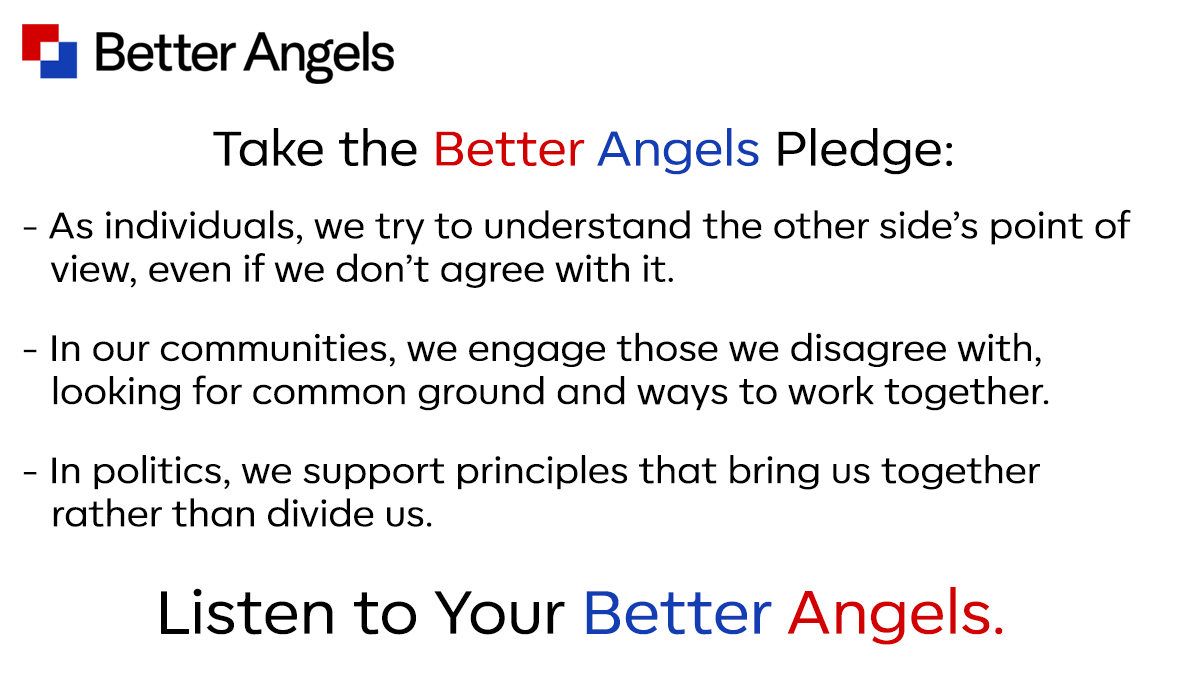 braver_angels's tweet photo. If feelings about our political adversaries can be represented on a spectrum, our objective is to move Americans from hatred to respect and appreciation. #BetterAngelsPledge https://t.co/Cvj2dF765Z