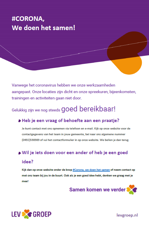 LEVgroep's tweet photo. #Corona, we doen het samen! Kijk op onze website en stel je vragen, deel je ideeën en kijk naar wat je nu kan doen voor een ander! We zijn aan het werk en goed bereikbaar en doen en denken graag met je mee 🍀
https://t.co/k5qakfuc1J
#samenkomjeverder #steljevragen #maakeenpraatje https://t.co/vkqv6VFcoq