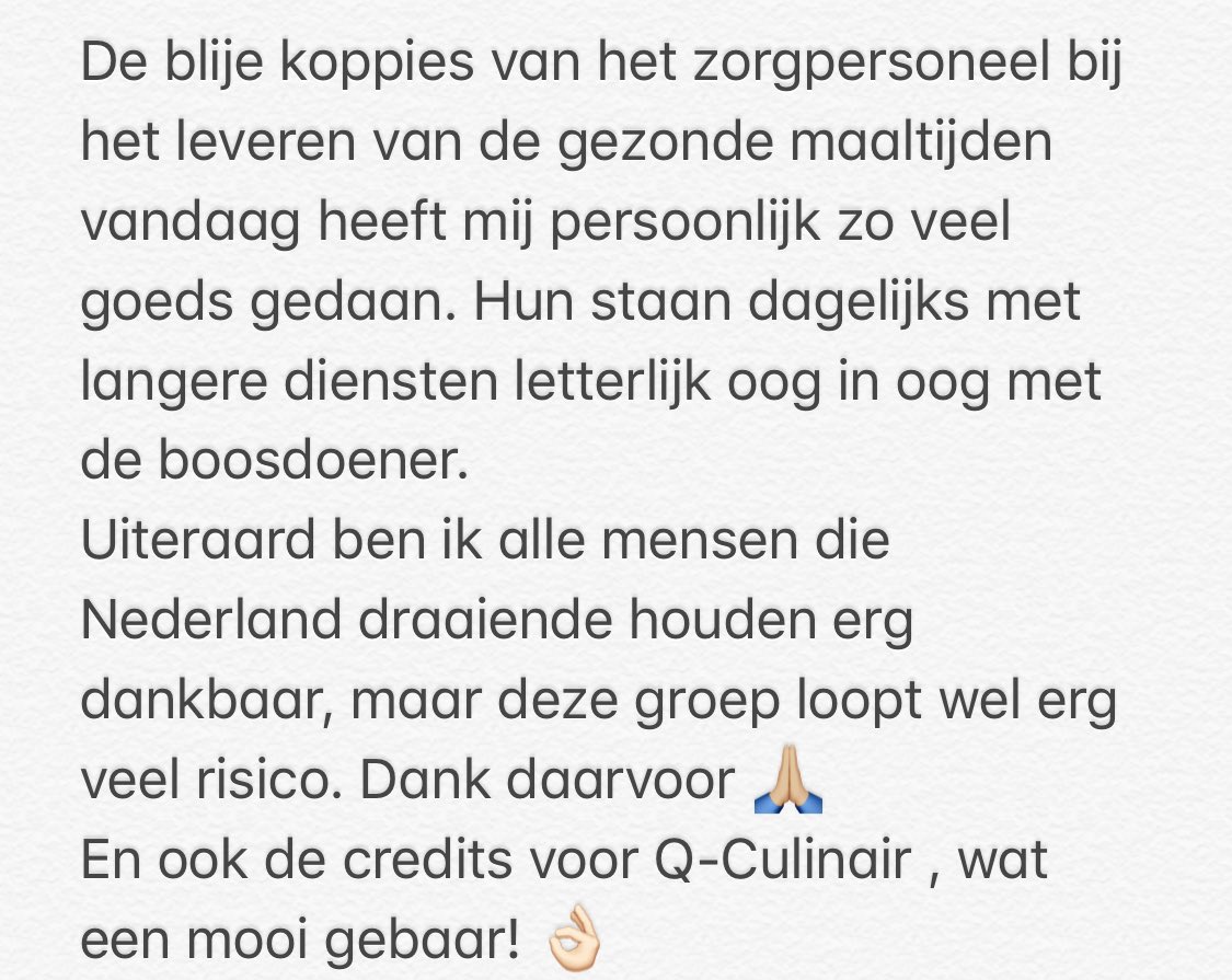 De blije koppies van het zorgpersoneel bij het leveren van de maaltijden vandaag heeft mij zo veel goeds gedaan.
Uiteraard ben ik alle mensen die Nederland draaiende houden erg dankbaar, maar deze groep loopt wel erg veel risico. 🙏🏼
Ook de credits voor <a href="/QCulinair/">Q Culinair</a> 
#SamenSterk
